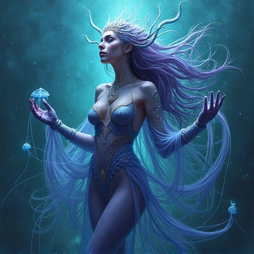 Abyssal Queen depicted as a fusion of a woman and jellyfish. Surrounded by glowing jellyfish with flowing hair and an intricate outfit.