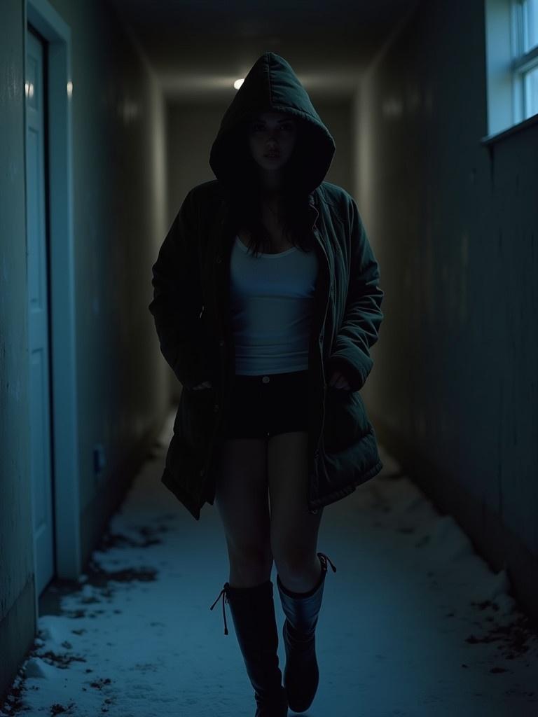 A solitary woman walks through a dimly lit corridor. She wears a hooded jacket and shorts. Snow lies on the ground. The scene captures a feeling of coldness and fear at night.