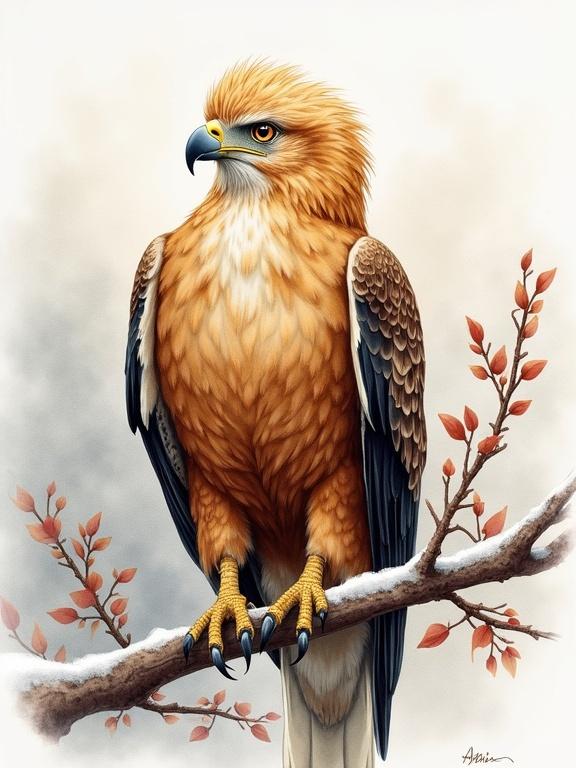 Golden eagle perched on a winter branch. Fur detail in blended gold brown black. Exquisite watercolor style with visible brushstrokes. Bird's plumage has color gradation from light pastel golden brown to deep brown. Bird's crest is strikingly fluffy. Sharp detailed eye conveys calm. Background has muted gray and pale beige for snowy winter scene. Delicate brown red leaves add depth. Branch is detailed with snow effect. Soft lighting emphasizes serene winter mood. Bird's pose is relaxed. Painterly approach showcases texture and color shifts.