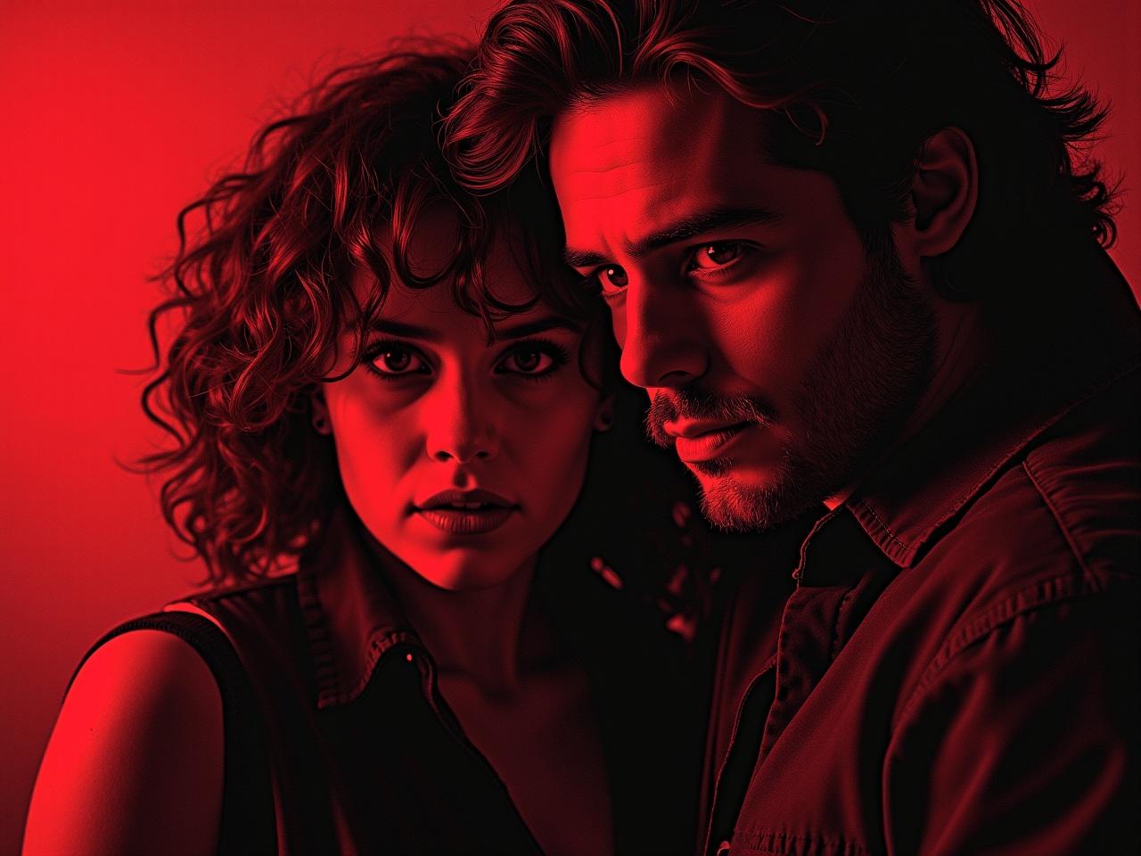 Create a movie poster for a thriller titled 'Behind the Scenes'. The poster features a dramatic close-up of two main characters, Alex Keough and Vik Blunt, with a red and black color palette. They appear tense and intense, indicating the film’s dark themes. The tagline could hint at the terror unfolding on set, involving a stalker targeting co-stars. Include elements that evoke suspense, like shadows or a film reel, to tie back to the film industry setting.