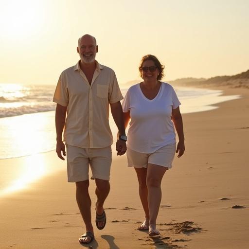 A couple walks along a deserted beach in the late afternoon. They wear light summer clothes. Both are 50 years old. He is tall and has a gray goatee. She is shorter and chubby. They are smiling.