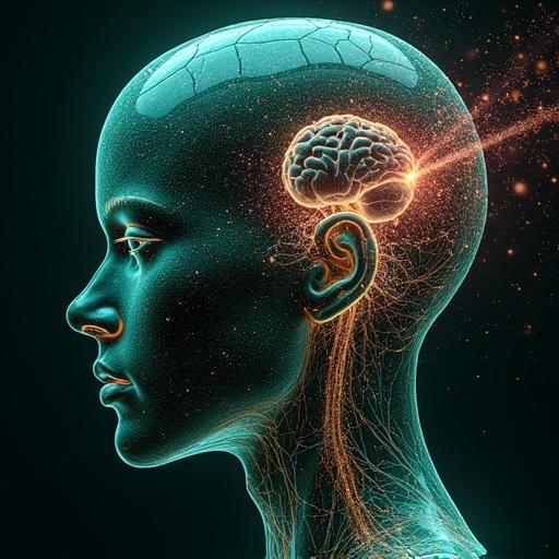 Close-up of a human head and chest. Focus on a brain with intricate quantum sensor arrays at a microscopic level. Show networks of light in brain and heart. Visualize quantum data streams as energy waves. Depict feedback signals from a central system affecting cellular states. Emphasize interaction between biology and quantum data in futuristic aesthetic. Use bio-luminescent colors with sharp light effects.