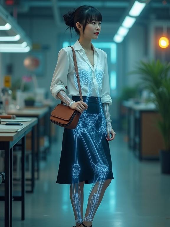 Full-body image of a mid-20s East Asian cyborg female spy. Normal appearance with holographic X-ray scan glowing in cyan-blue. Complex mechanical structure visible through the scan. Dressed in pearl-white wrap-around blouse and black skirt. Sheer black pantyhose and black low-block heels. Hair neatly bunned, slight smile. Slinging a brown satchel, standing in a lab.