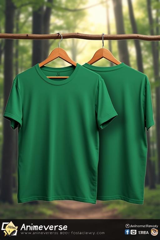 A green t-shirt displayed from front and back views. The t-shirt is hung on wooden hangers. Background consists of a lush forest. The t-shirt features the logo 'Animeverse'. Website link and social media icons included in the design.