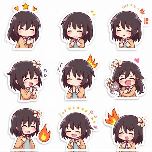 Chibi girl illustrated stickers in a bright cheerful style. Expressions include happiness, surprise, anger, crying, and love. Stickers feature elements like fire, hugs, kisses, and greetings. Arrangement in a 4x4 grid layout.