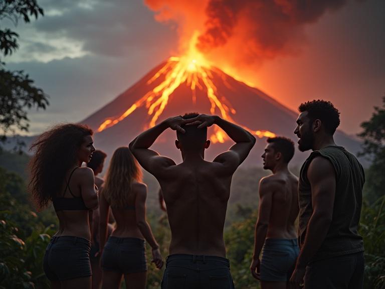 Seven hyperrealistic adults face a violently erupting volcano. Dense tropical forest surrounds them. Thick smoke rises, and lava flows down rocky slopes. Their faces show terror with wide eyes and panicked gestures. Some step back or point in fear. The sky is dark with ash and red smoke illuminated by lava glow.