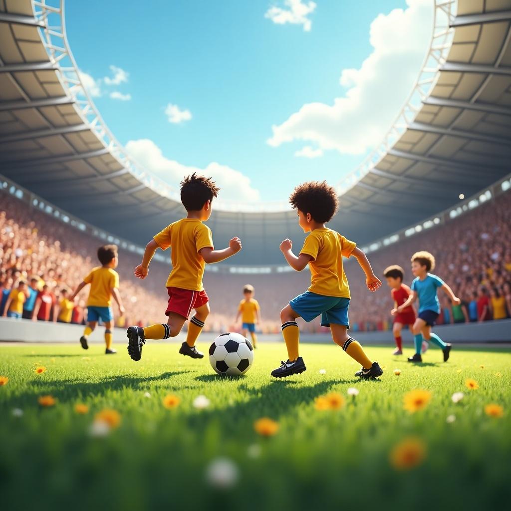 Vibrant soccer field image features children playing ball. Stadium filled with cheering crowd. Bright sunny day with clear sky. Kids in colorful uniforms on lush green grass.