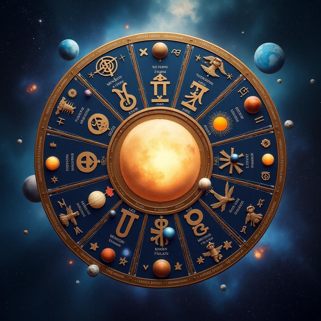 Astrology symbols fill wheel with mystical ambiance a birth chart wheel in space. Hyper-realistic quality and vibrant theme with planets, zodiac signs, houses, and guardian angels figures and their names.