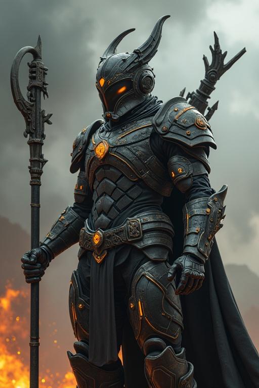 A cartoon character soldier in futuristic uniform stands in an epic battlefield. The character features a detailed armored suit, glowing eyes, and a prominent weapon. The background includes dramatic clouds and hints of fire, creating a sense of intensity and adventure.