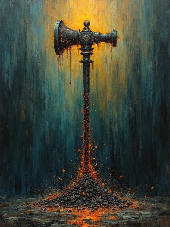 A dramatic depiction of a lead-filled flanged bludgeon. The artwork features a sculpture pouring a lead-like substance onto the ground. Rich hues of deep blue and glowing orange dominate the scene, creating a surreal and otherworldly atmosphere. The style incorporates impressionistic elements blended with themes of Eldritch horror.