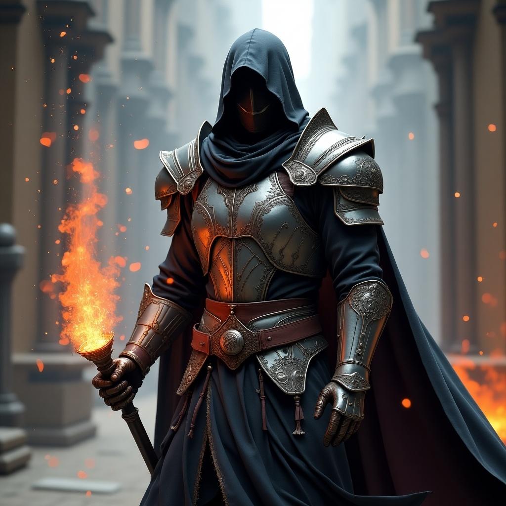 Male ninja wearing futuristic armor stands confidently holding a flaming torch. Dark hood covers his face. Background is an ancient stone corridor. Fire illuminates his surroundings creating a mystical atmosphere.