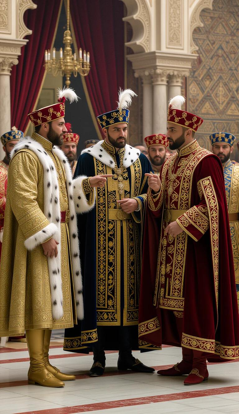 Three noblemen dressed in extravagant outfits stand in a royal palace. They whisper and point at something. The setting is opulent with elaborate decorations and rich textures.