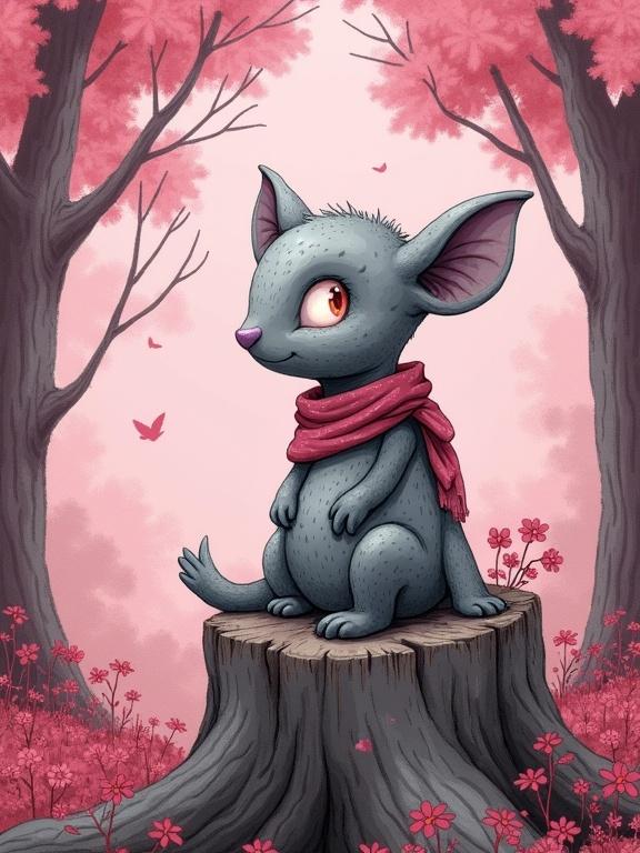 Pink ink illustration features a gray storybook guardian with twinkling eyes. The character is seated on a tree stump, looking towards a riverbend. Its limbs are stubby and covered in stitched fabric. The overall style is fantasy with a bright quality.