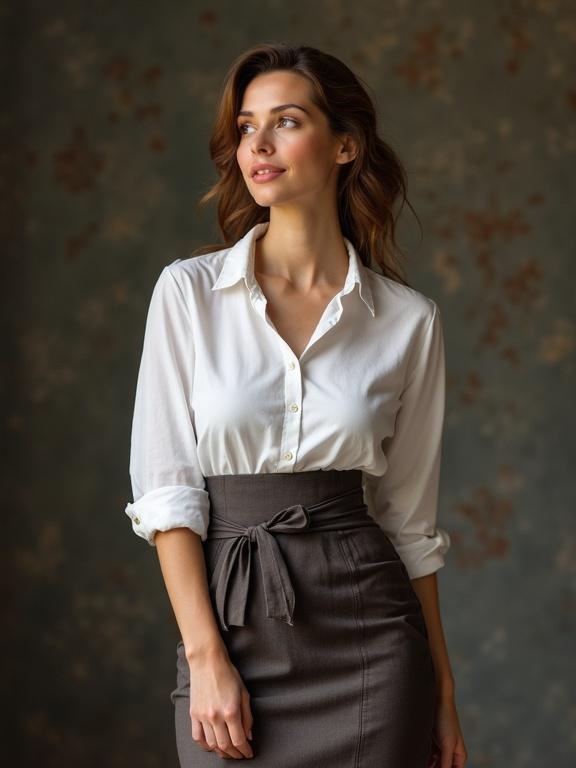 Portrait of a woman in a white shirt and a fitted skirt. She poses gracefully with a soft smile. The background is blurred with warm tones. Her hair cascades in soft waves. The outfit emphasizes her figure.