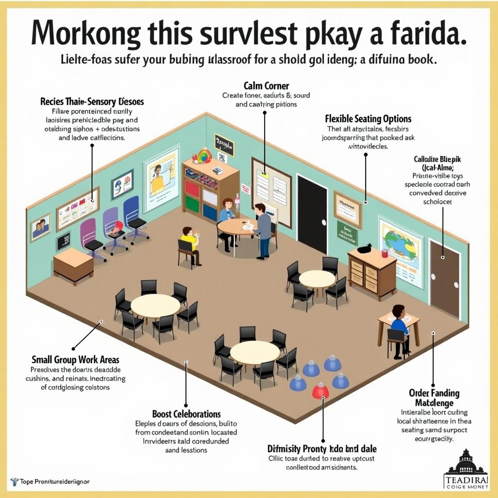 Illustration of a classroom layout featuring sensory-friendly areas. Calm Corner with soft cushions and sensory toys. Flexible seating options for comfort and focus. Small group work area with round table. Display board for celebration of achievements. Teacher proximity seating for immediate support.