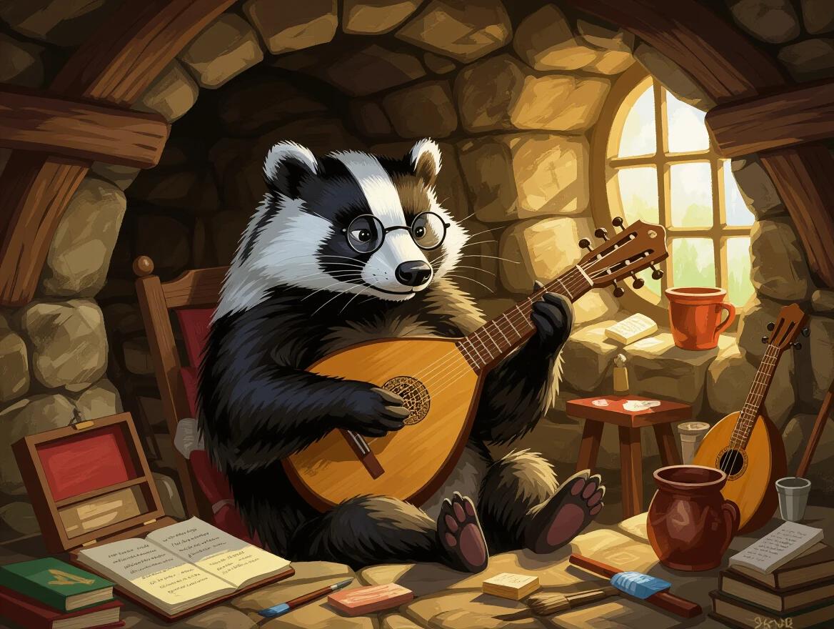 A wise old badger wears glasses. He is in a charming underground burrow. He plays a rustic lute. Sunlight enters through the window. The atmosphere feels cozy and magical.