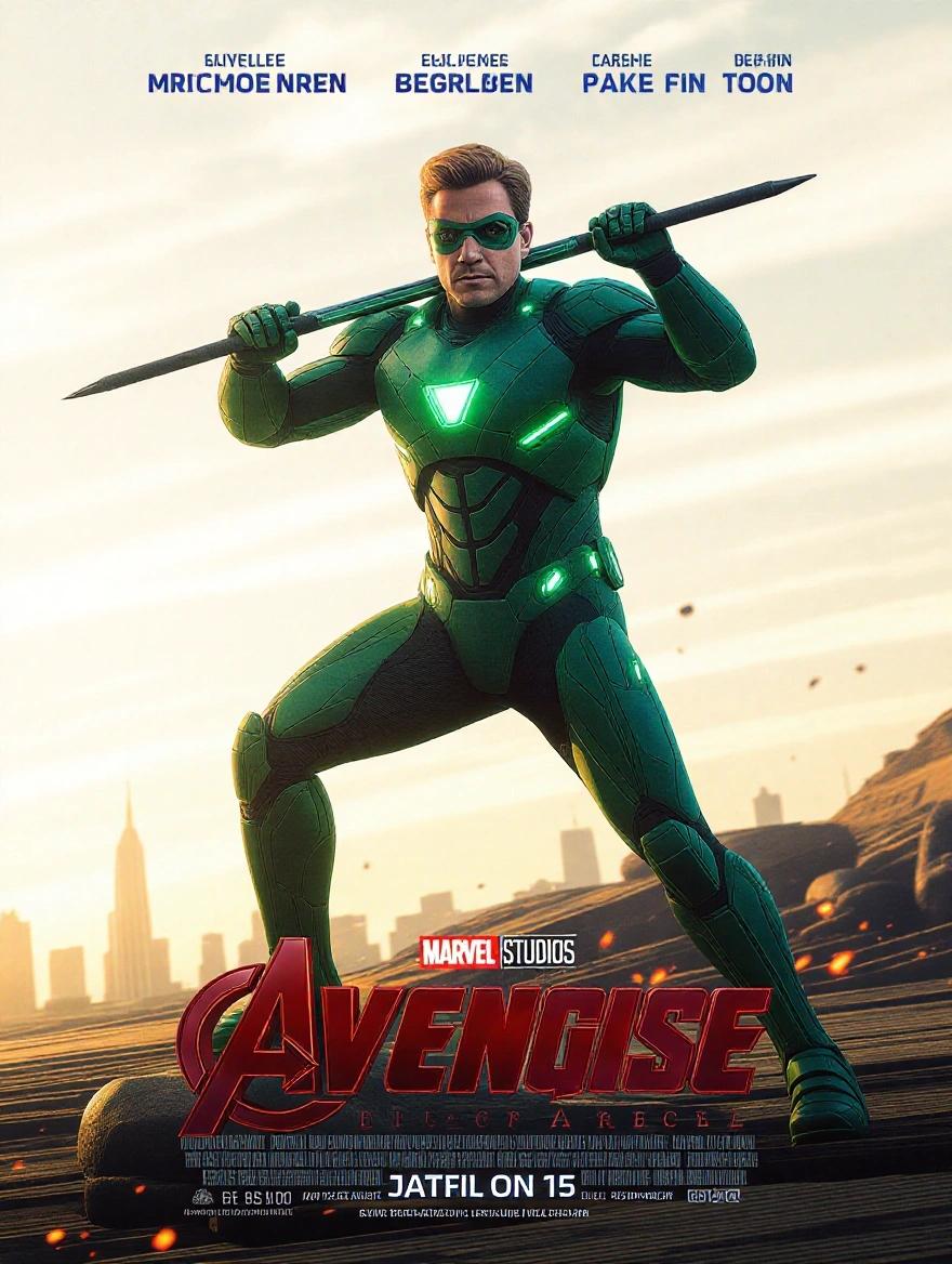 Neon Justice movie poster featuring a superhero in a dramatic pose. Comic book style with bright colors and dynamic lighting. Includes the title and superhero elements inspired by Marvel.