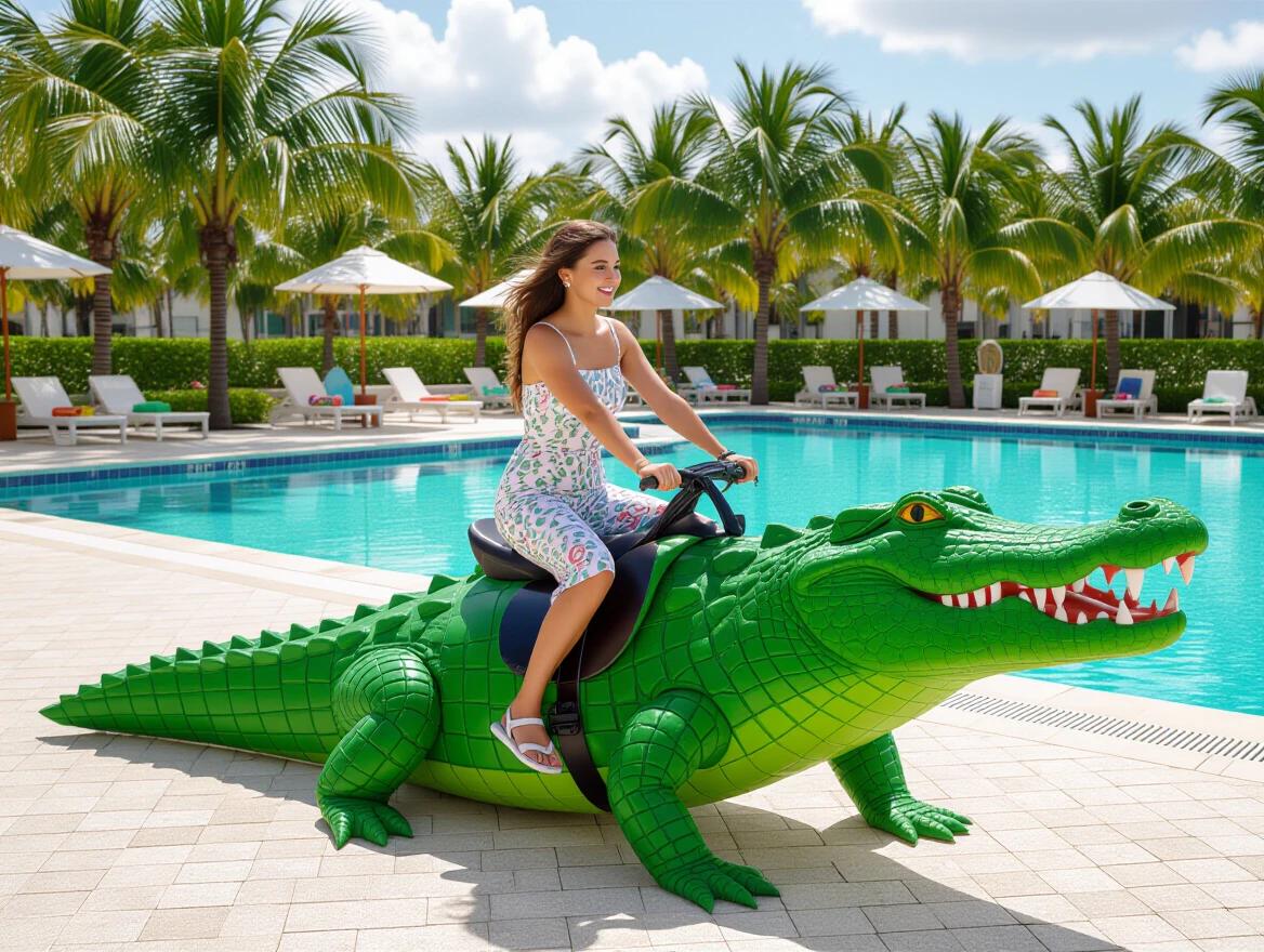 Girl enjoys riding on an inflatable green alligator. Surrounding is a swimming pool with palm trees and lounge chairs. Summer day with a bright blue sky. Fun aquatic theme environment.