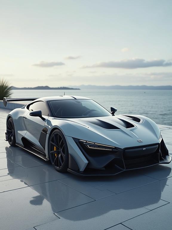 Image of a modern car without background. Features a sleek design with an aerodynamic body and prominent front grill. The setting showcases a scenic waterfront with distant mountains.