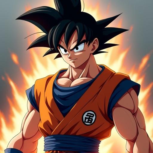 A powerful anime character Goku with spiky hair. Vibrant colors including orange and blue. Dramatic lighting emphasizes muscular physique and strong pose. Energetic aura surrounds the character.