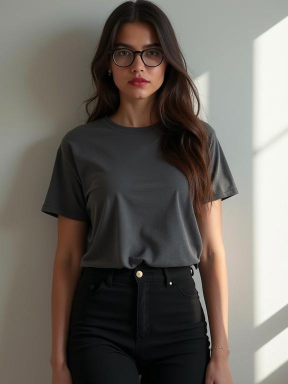 Young Latina woman in dark grey t-shirt and black trousers stands in a white shadowy room. Long dark brown hair and brown eyes with deep rich red lips. Realistic camera quality.