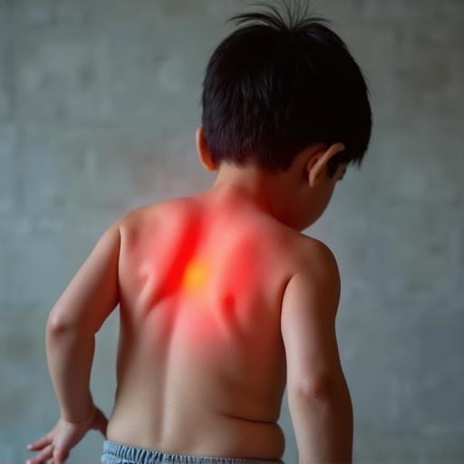 A Japanese child with bare skin showing signs of pain on the back during exercise. The context suggests a recent injury. Focus on the child's experience and emotional state.