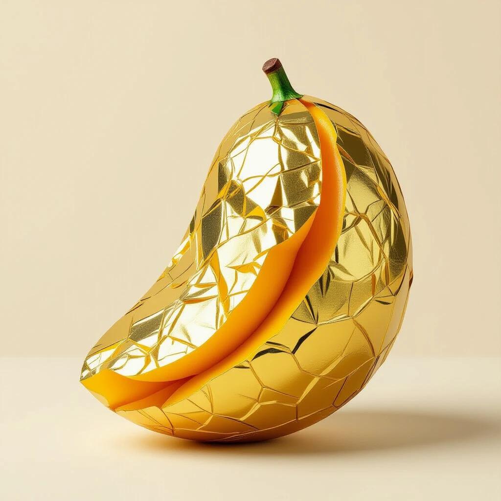 A luxurious surreal mango made of layered crinkled gold foil. The sculpture has a rich texture that contrasts with the sweetness of a real mango, showcasing opulent surrealism.