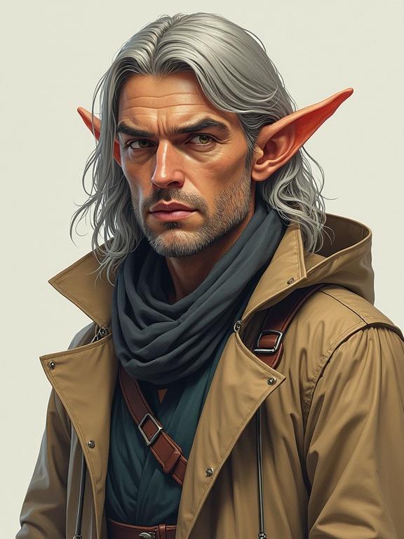 Half-elf with silver hair and pointed ears dressed in a raincoat. He has an intense expression. Artwork in colored pen style with visible strokes. Matte shading and soft cel shading is applied. Contains artistic depth and texture.