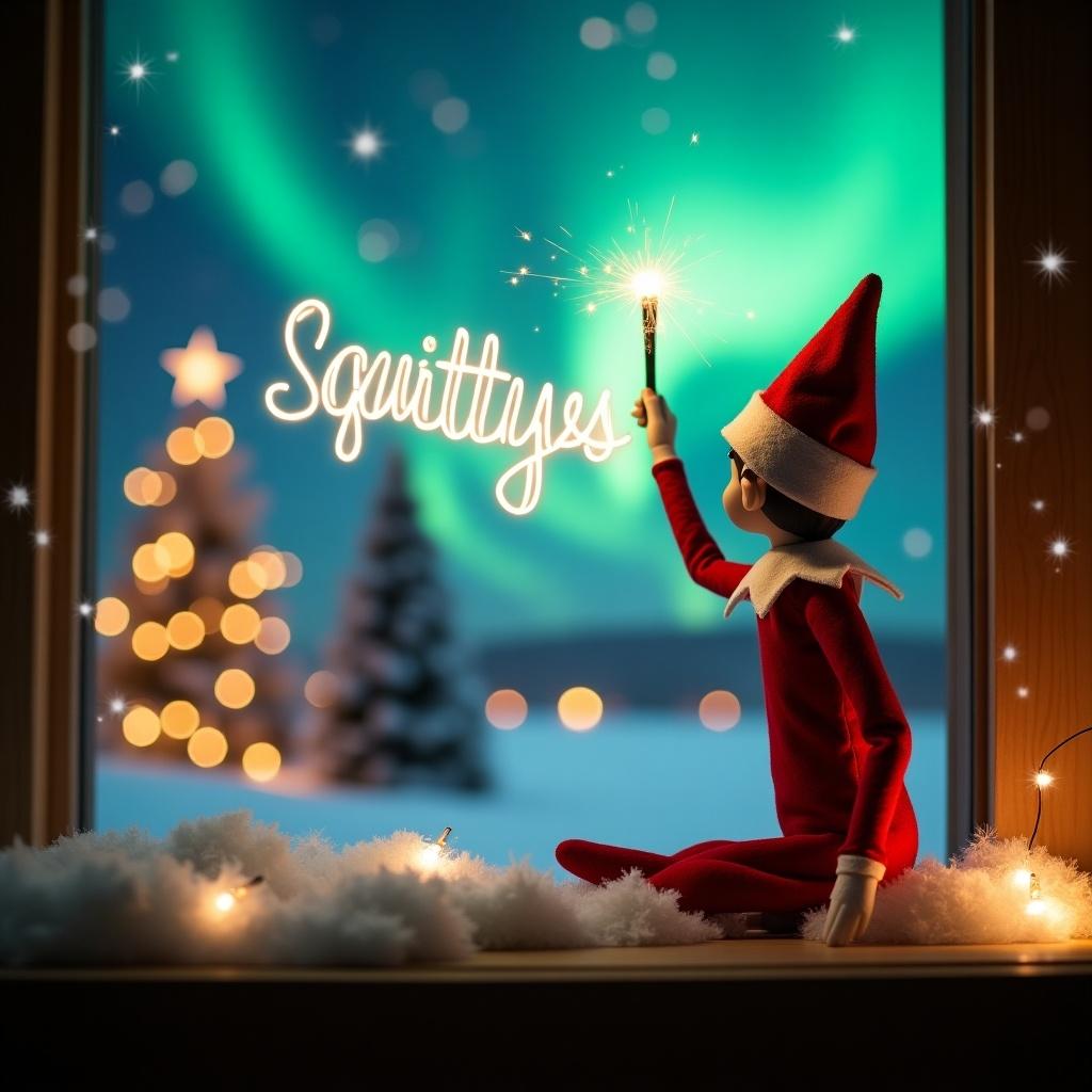 This image showcases an enchanting Christmas scene featuring an Elf on the Shelf. The elf, dressed in traditional red and white attire, is positioned with its back to the viewer. With a wand in hand, the elf magically crafts glowing text in the air that reads 'Lincoln & Logan.' In the background, colorful northern lights dance across the sky, adding a vibrant touch. The foreground is adorned with soft white snow and scattered lights, creating a warm and festive atmosphere. Overall, this whimsical setting perfectly captures the joy and magic of the holiday season, inviting viewers to embrace the Christmas spirit.