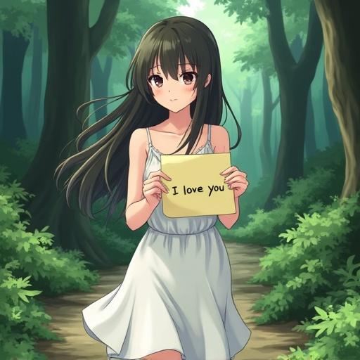 Anime woman walking in the forest. She is wearing a white dress. She looks at the camera and holds a paper saying 'I love you'.