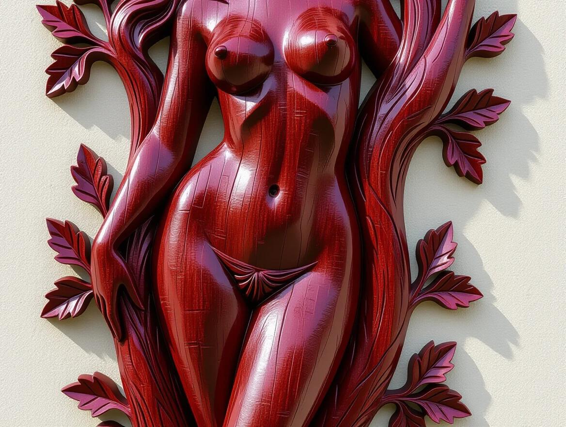 Detailed closeup of an erotic wooden carving depicting a nude woman in burgundy. The carving features visible wood grain and natural forms. The sculpture integrates elements like leaves and tree shapes.