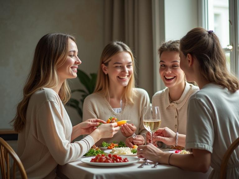 Four young women enjoy a meal together at a dining table with various dishes. They appear happy and engaged, presenting a warm social atmosphere during their culinary experience.