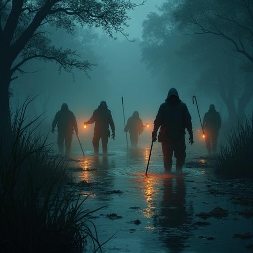 Dramatic nighttime swamp scene with silhouetted figures. Group wading through murky water using poles. Carrying lanterns casting eerie light. Fog surrounds the scene creating a mysterious atmosphere. Dark shadows contrast with flickering illumination from lanterns.