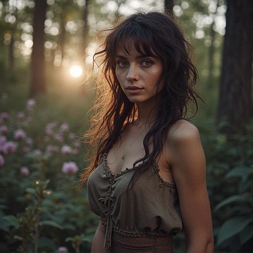 Photograph of a woman in a natural setting. She has long hair and wears a loose, casual outfit. Surrounded by trees and plants. Soft light from a sunset creates a warm atmosphere.