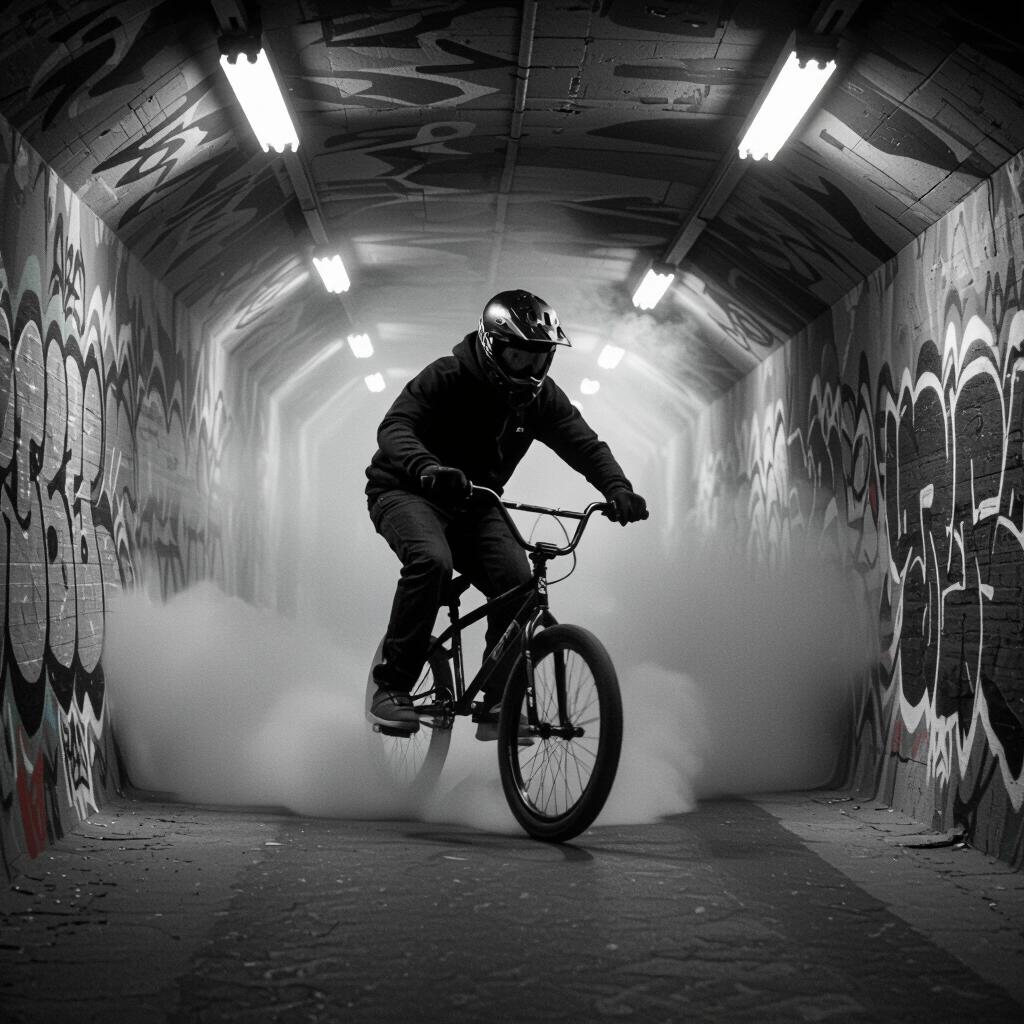 Masked figure riding a BMX bike through a smoky tunnel lit by harsh overhead lights walls covered in abstract shapes