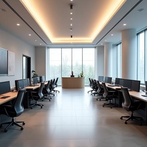 Office interior with 15 desks and chairs arranged for employees. Laptops placed on desks. Brightly lit reception area visible. Company name 'Healthy Wealthy Limited' displayed at reception and entrance.