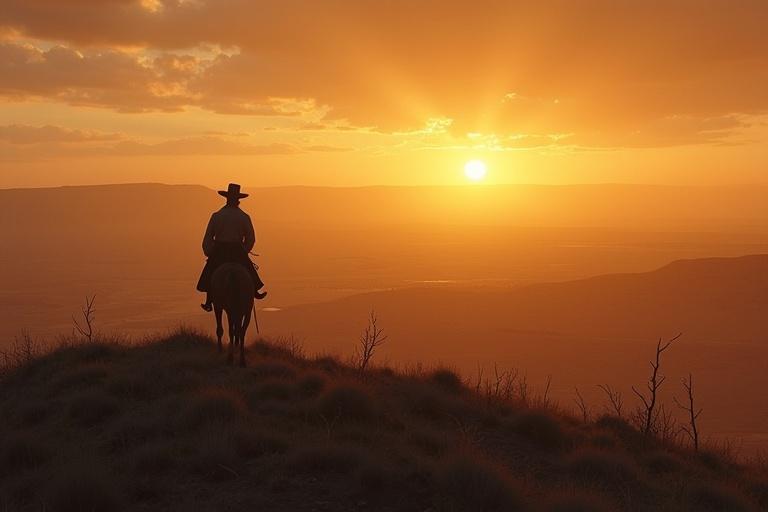 Image depicts a rugged frontiersman silhouette atop a hill at sunset. The vast American landscape stretches in the background. A faint outline of a wagon train is visible. Golden rays from the sun illuminate the scene. Theme reflects pioneering and exploration of new territories.