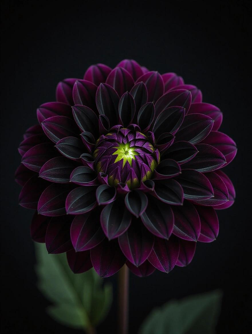 Close-up of a black dahlia flower. Sharp focus on the petals. Soft light illuminating the edges. Dark, velvety background with high contrast.