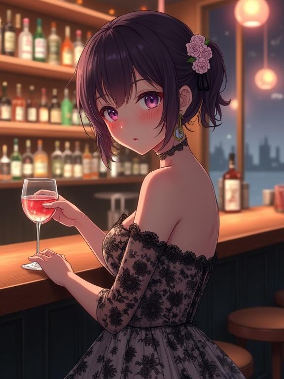 Anime lady in a lace dress sits at a bar counter. She holds a drink. Shelves display alcohol bottles. The setting blends vintage and modern styles. Warm lighting creates romance. Her violet eyes shine with beauty. Hair styled with flowers.