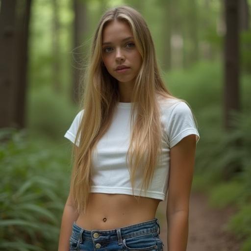 Skinny girl in a forest. She has long straight blonde hair and tanned skin. She is wearing skinny jeans and a white crop top. She is looking off-camera with a relaxed posture. The setting has natural outdoor lighting with slight motion blur. Photography style appears amateur, capturing a real-life moment.