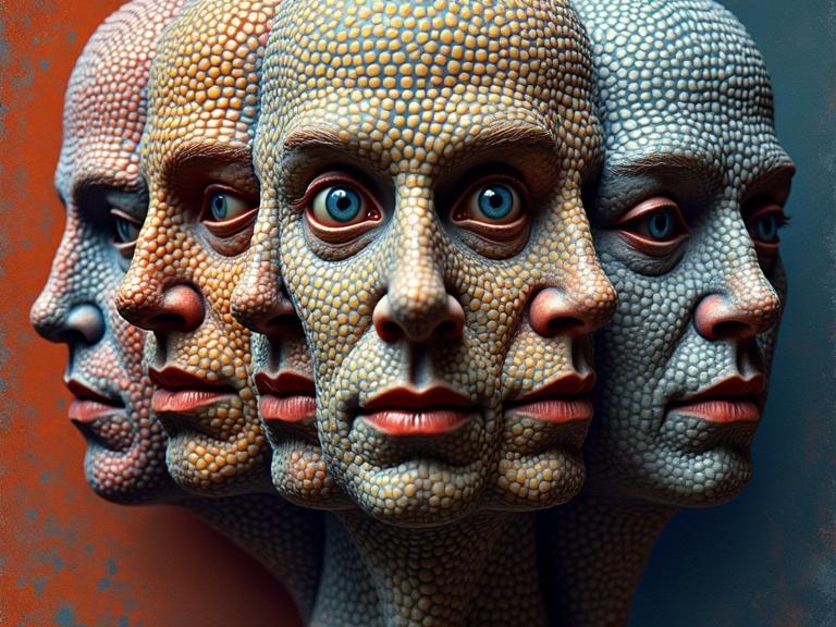 Stylized human faces in different ages. Faces emerge from a textured pattern. Optical art elements. Features strong color gradients and micropatterns. 3D illusion effect is prominent. Inspired by Bridget Riley and Victor Vasarely. Fine grain abstraction creates depth.