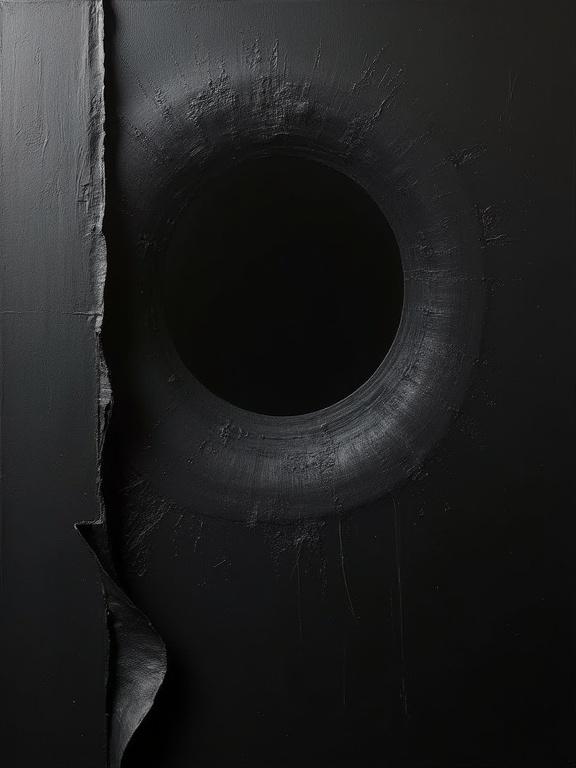 Peel back the left edge of the oil-painted black canvas. A thin curling strip reveals cosmic darkness beneath the left side. An extremely rough oil painting on a completely black background. A giant silhouette eye emerges from the top right corner of the page, filled with a cosmic void.