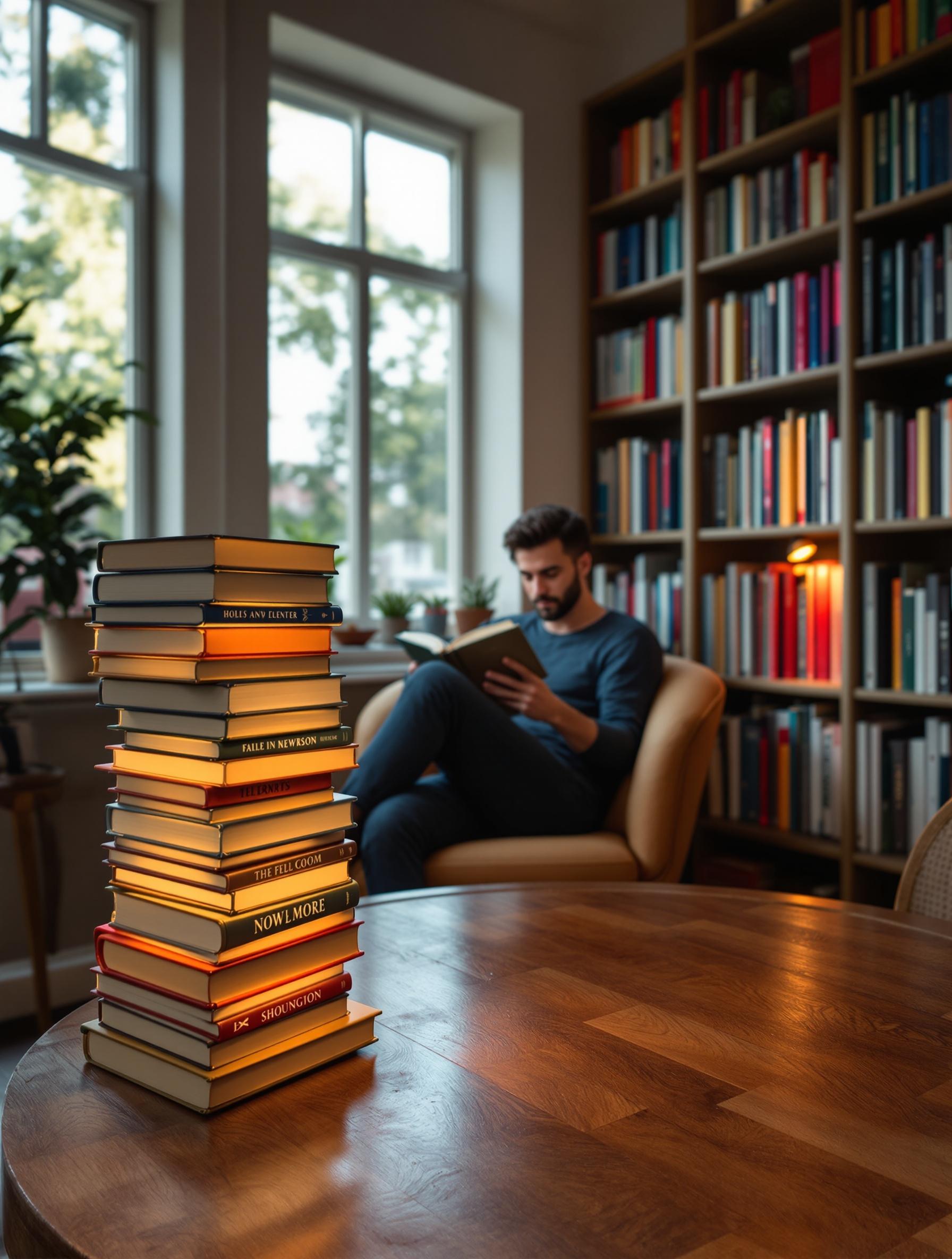 A cozy reading nook scene shows a man sitting in a chair absorbed in a book. A stylish lamp made from stacked books stands on a wooden table, glowing warmly. Natural light filters through large windows, enhancing the inviting atmosphere with shadows. Colorful books line the walls creating a vibrant backdrop.