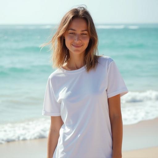Female model poses at the beach wearing a white t-shirt. Calm ocean waves in the background with bright sunlight.