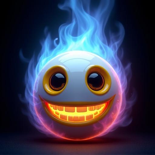 High-detail photorealistic rendering of a sphere-shaped character engulfed in blue and purple flames with yellow-orange core. Character is predominantly white with glossy smooth texture. Large dark eyes surrounded by thick yellow rings. Wide exaggerated grin reveals white evenly spaced teeth. Background is black for contrast. Lighting is dramatic with flames illuminating character, creating moody slightly spooky surreal atmosphere.