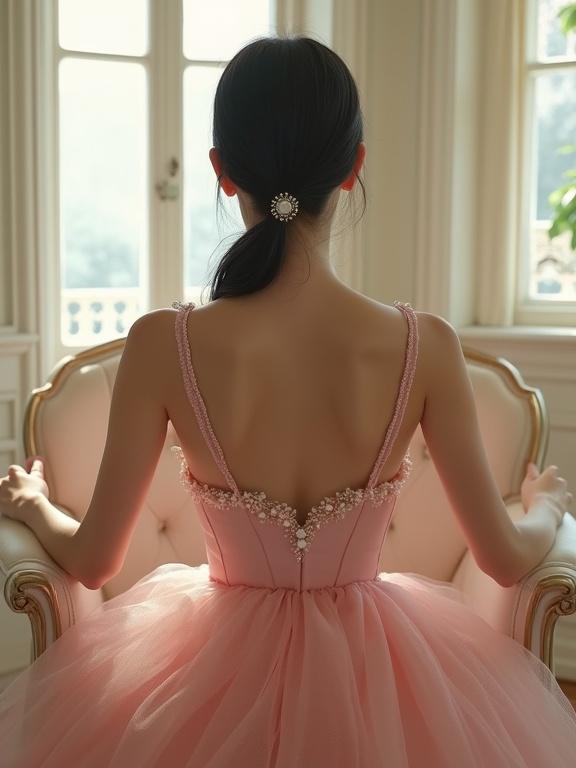 A woman sits in a chair wearing a full pink dress with pearl accents. She has black hair in a low ponytail adorned with a hairpin. The setting is a soft ivory bedroom with windows and sparkles in the light. The atmosphere feels fashionable and fairyland-like.