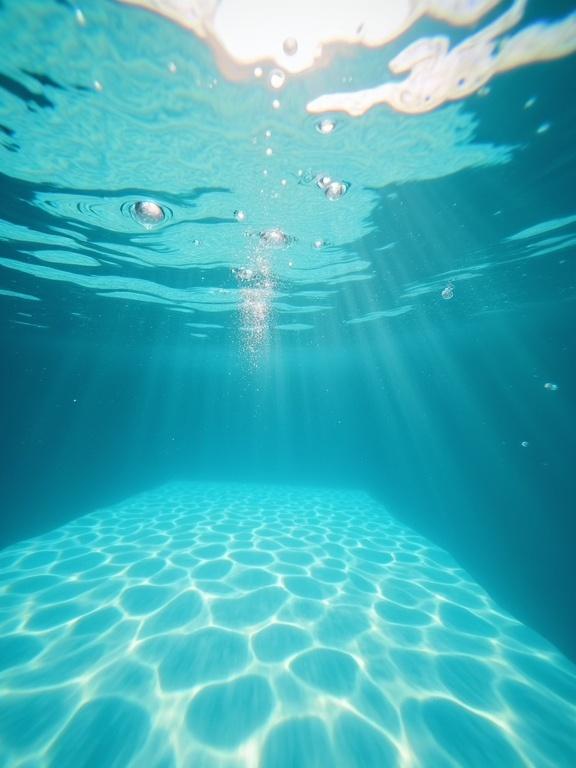 Desaturated underwater photograph captured from below a swimming pool surface. Illustrates rippling water patterns and light rays that embody y2k photo editing aesthetics. Features abstract light and shadow patterns. Bubbles rising through the water.