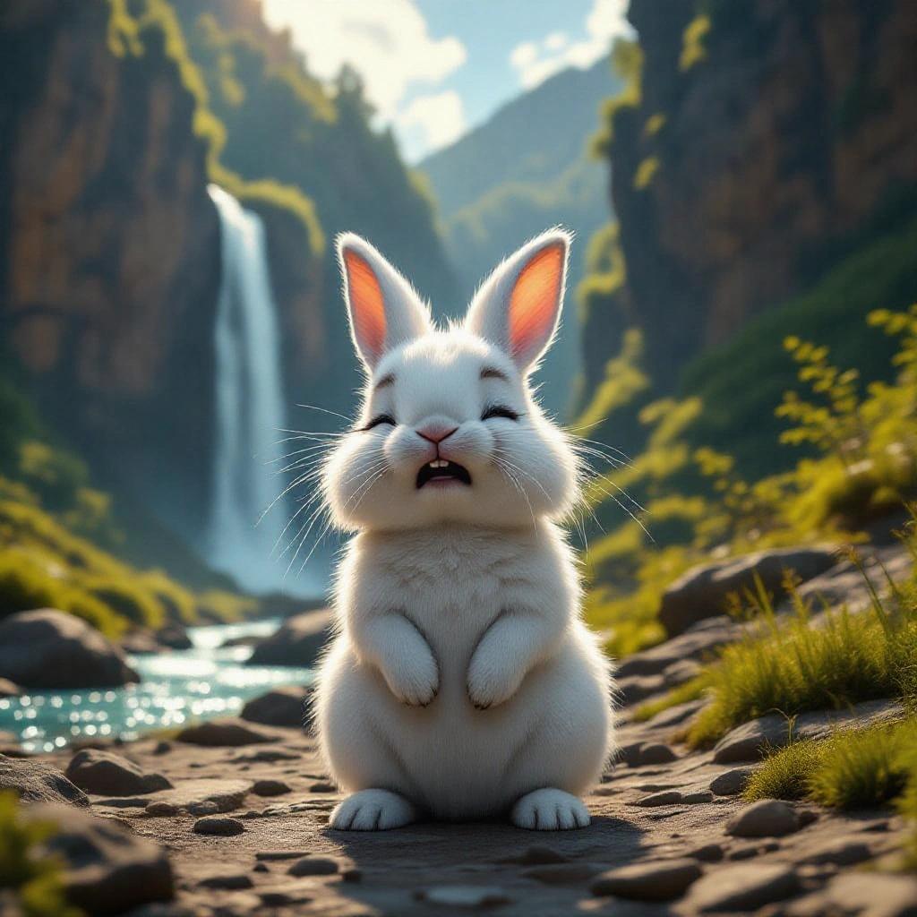 A photorealistic scene featuring a fluffy white rabbit crying in distress on a rocky path alongside a stream. A tall cliff and a cascading waterfall create a dramatic background. The rabbit shows deep sorrow with shut eyes and an open mouth, its fur illuminated by warm sunlight. The atmosphere evokes feelings of grief in a stunning natural setting.