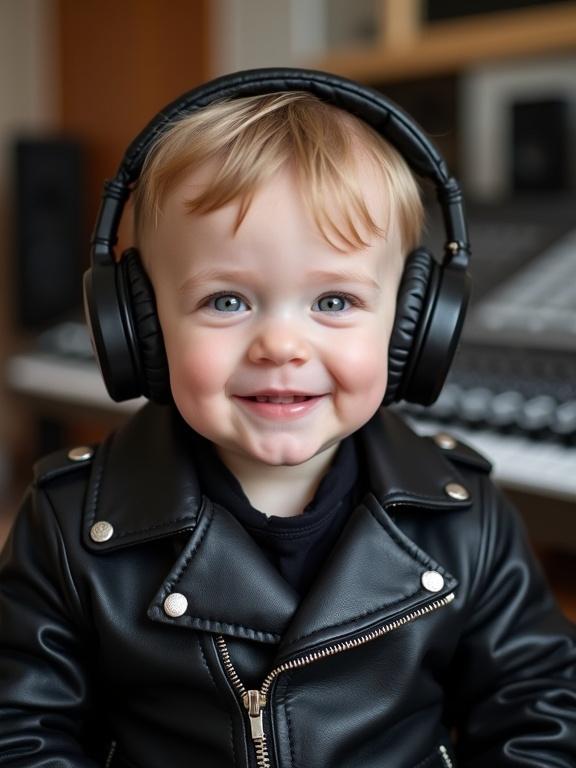 A cute European baby wears a sleek black leather jacket and large headphones. Close-up shot shows baby head and shoulders. Baby looks straight at the camera with a gentle smile. Natural lighting highlights the baby with soft details. Background features hints of recording equipment in a blurred music studio.