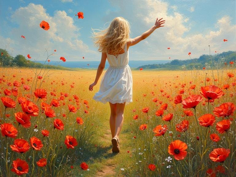 Oil painting of a young blonde woman in a white dress playing in a vibrant field of poppies under a bright blue sky. Thick impasto strokes create texture and depth.